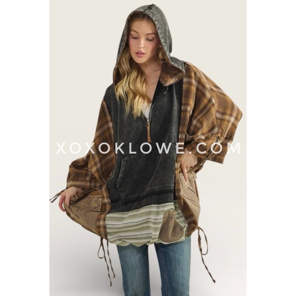 Oli & Hali Black Washed Plaid Half Zip Hoodie | Mixed Media Pullover - Picture 1 of 7